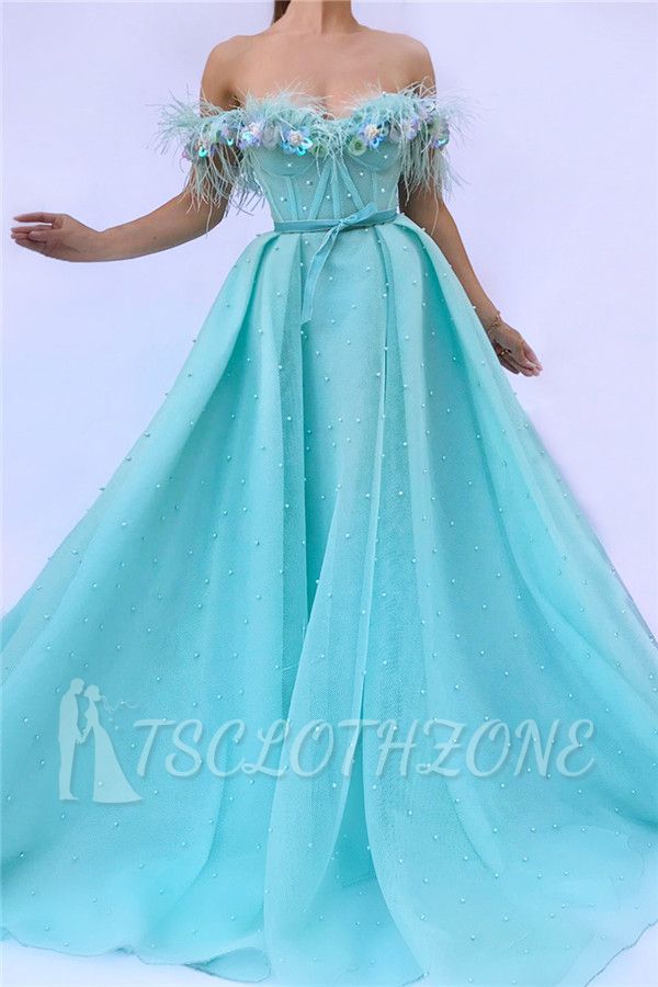 Sexy Off the SHoulder Sleeveless Prom Dress | Cute Feather Tulle Long Prom Dress with Pearls