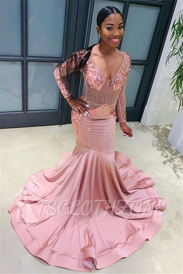 Pink Beads Sequins Sexy V-neck Prom Dresses | Fit and Flare Long Sleeve Elegant Evening Gowns