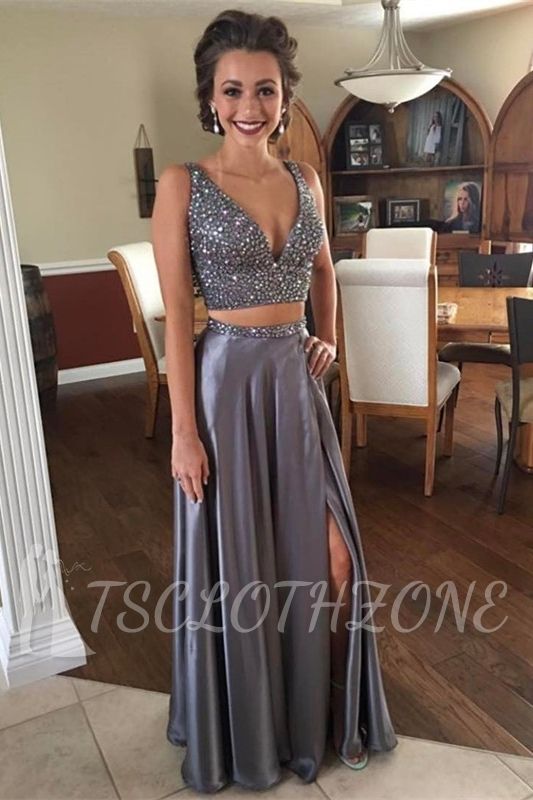 Modest Crystals V-neck Two Piece Front Split Evening Gown
