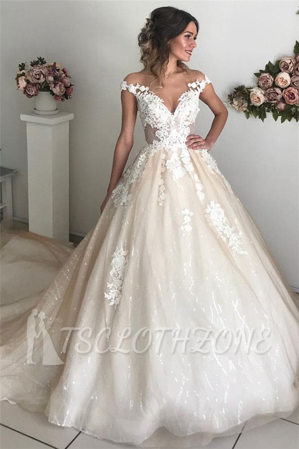 Sexy Applique Off-the-Shoulder Wedding Dresses | Sequins Backless Sleeveless Floral Bridal Gowns