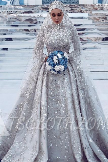 High-Neck Crystal Beaded Detachable Train Lace Wedding Dress
