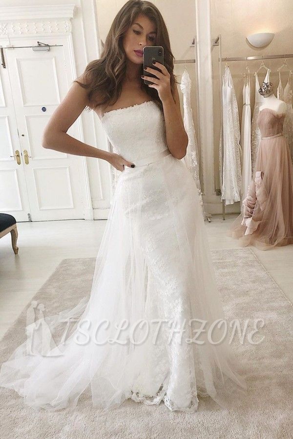 White Strapless Mermaid Wedding Dress Online with Overskirt