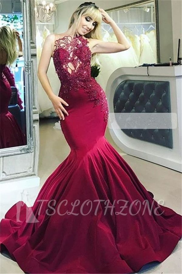 2022 Burgundy Sleeveless Mermaid Prom Dresses | Cheap Lace Beads Evening Dress