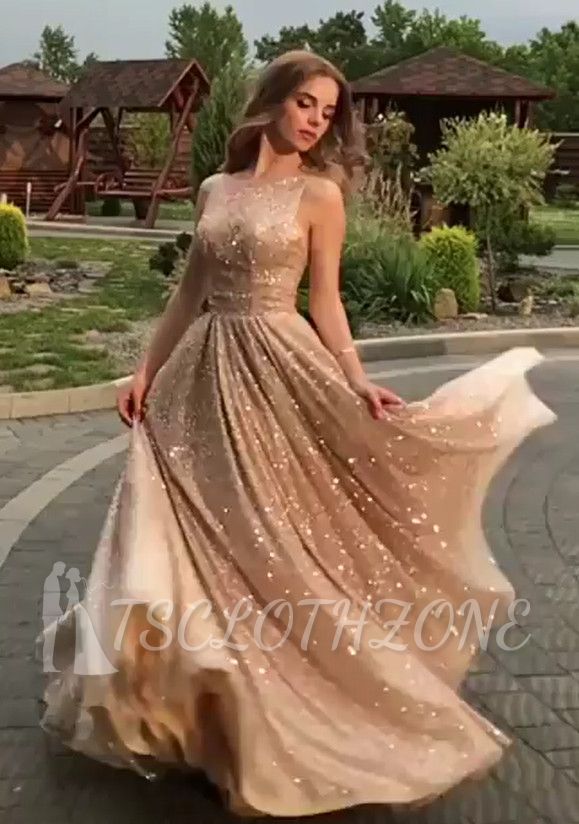 Open Back Champagne Gold Sequins Prom Dresses  | Sleeveless Sexy Evening Gowns
