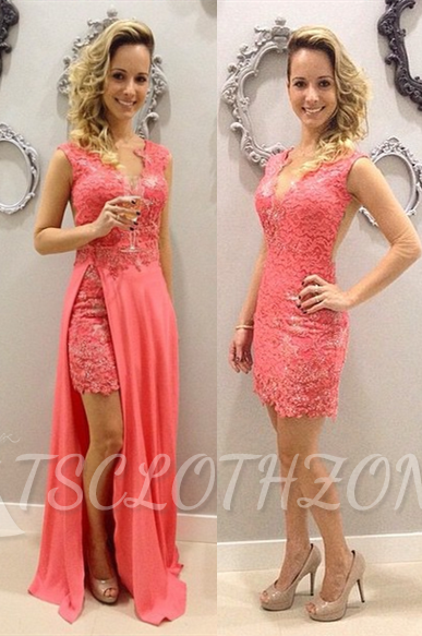 Elegant Pink Lace Sleeveless Short V-neck Detachable Train Chffion Sexy Evening Gowns