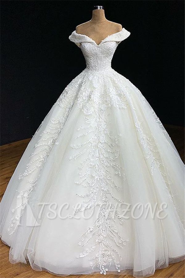 TsClothzone Modest Off-the-shoulder White A-line Wedding Dresses Tulle Ruffles Bridal Gowns With Appliques Online