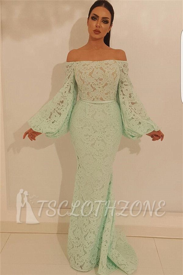 Elegante Meerjungfrau aus der Schulter Prom Kleid | Schicke Spitze mit langen Ärmeln Abendkleid