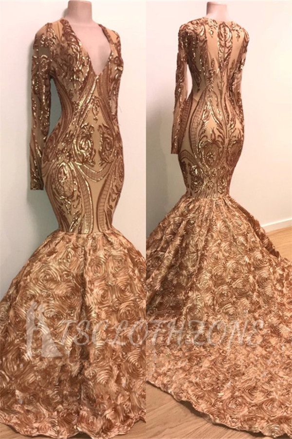 Sexy V-neck Elegant Long Sleeve Gold Sparkle Appliques Prom Dress | Fit and Flare Flowers Real Prom Dress