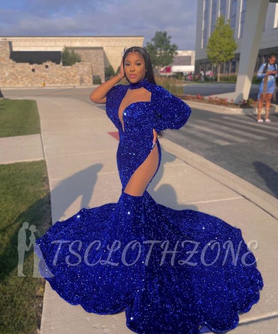 Sparkle long sleeves royal blue sequin mermaid prom dress