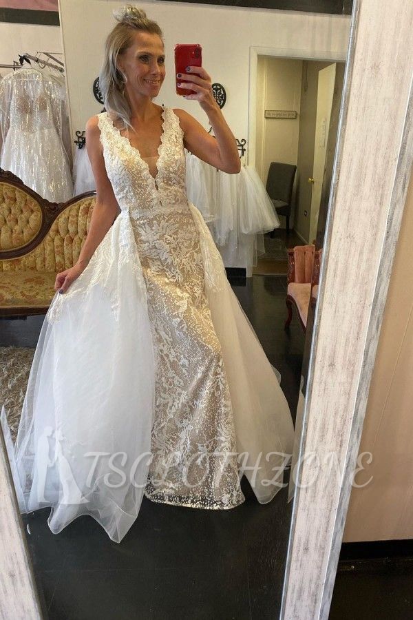 Elegant Double V-Neck Lace Appliques Detachable Train Wedding Bridal Dress