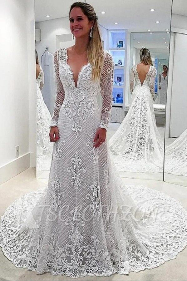 Tiefer V-Ausschnitt Meerjungfrau Brautkleid Blumenspitze Lange Ärmel Langes Kleid für die Braut