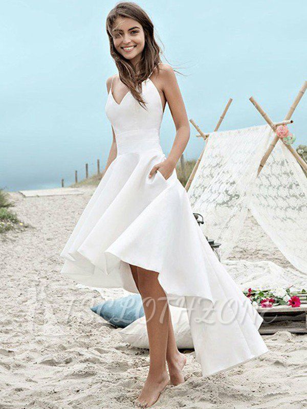 Sleeveless A-Line Asymmetrical Satin Spaghetti Straps Ruched Wedding Dresses