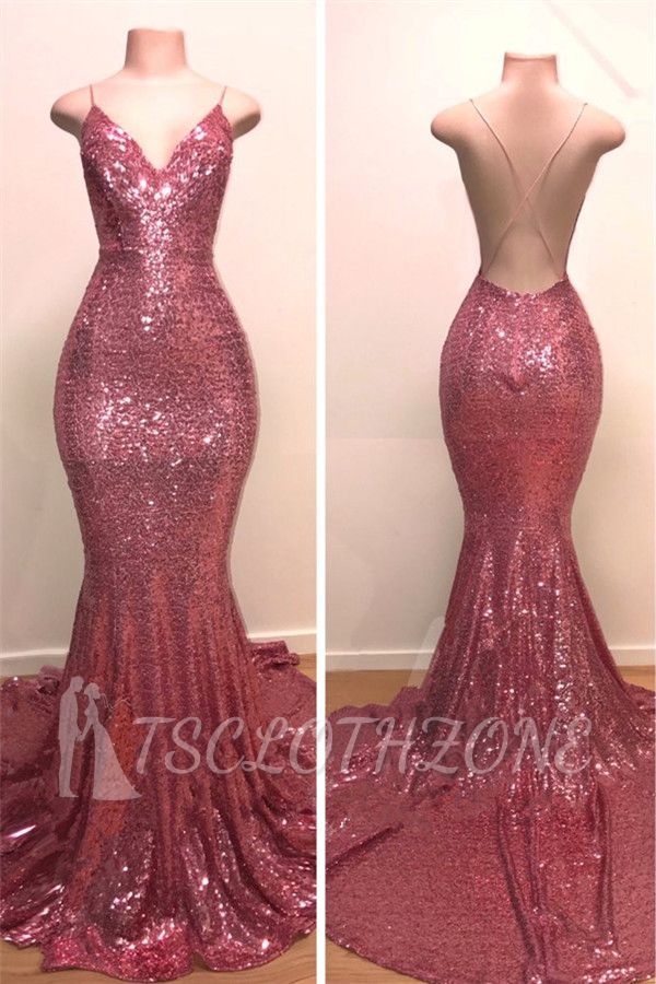 Sexy Backless Pink Sequins Prom Dresses Cheap 2022 | Spaghetti Straps Mermaid Sleeveless Evening Gowns
