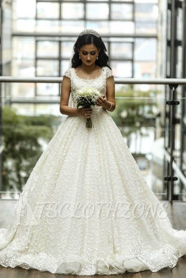 Romantic Cap Sleeves Lace A-line Bridal Dress with Chapel Train