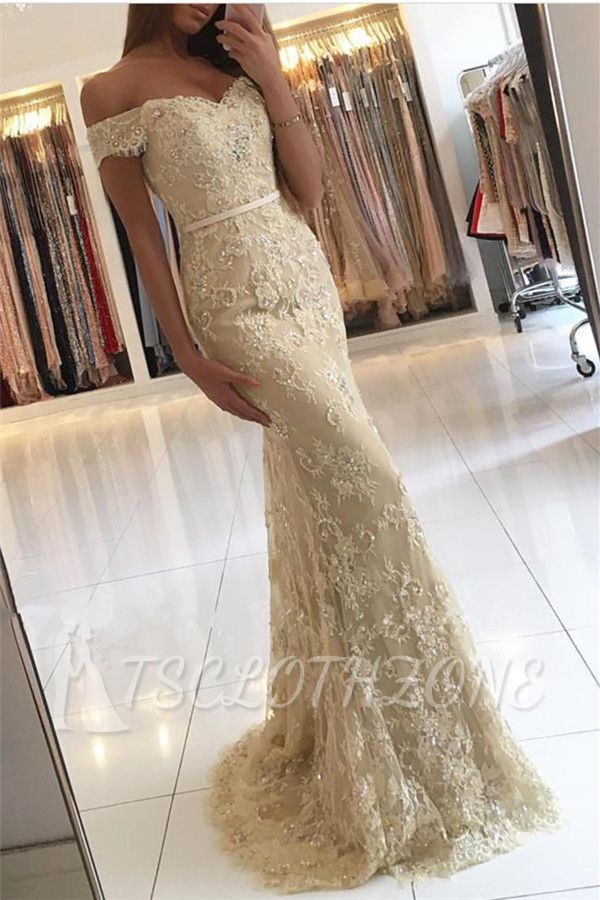 Off The Shoulder Champagne Lace Prom Dresses 2022 Sexy Long Cheap Formal Evening Dress