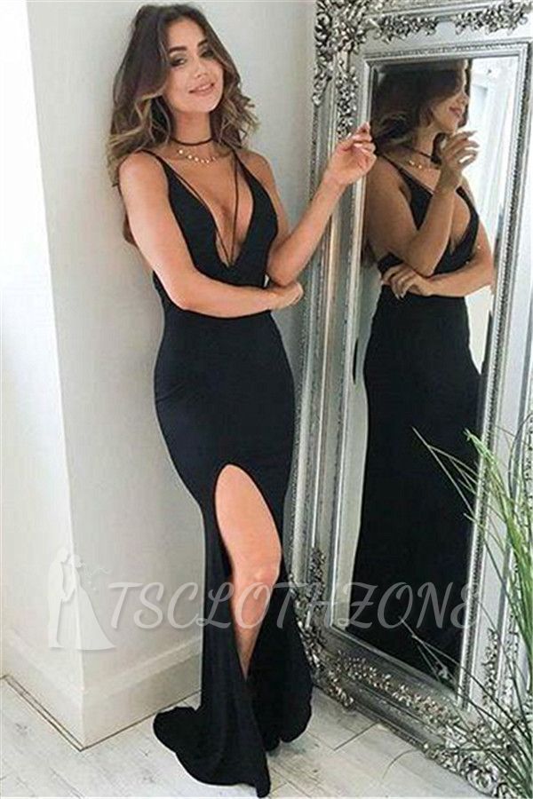 Deep V-neck Sexy Black Evening Dress | Straps Sheath Formal Dress with Slit