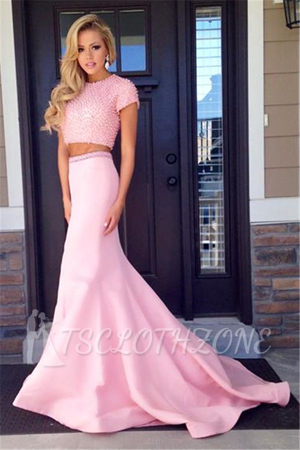 Pink Short Sleeve Two Piece Prom Dress 2022 Mermaid Long Train Evening Dress with Beads