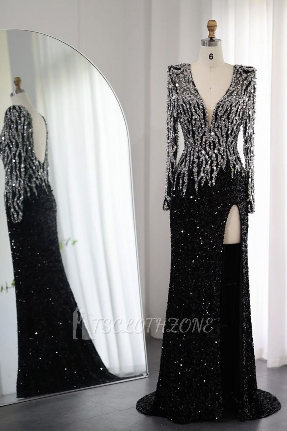 Luxuriöses, glitzerndes Pailletten-Abendkleid im Meerjungfrau-Stil mit Schlitz vorne und Ärmeln, langes Partykleid mit V-Ausschnitt für die Hochzeit