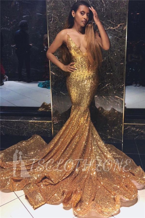 Neueste gold meerjungfrau spaghetti-trägern v-ausschnitt ärmellose pailletten prom kleider