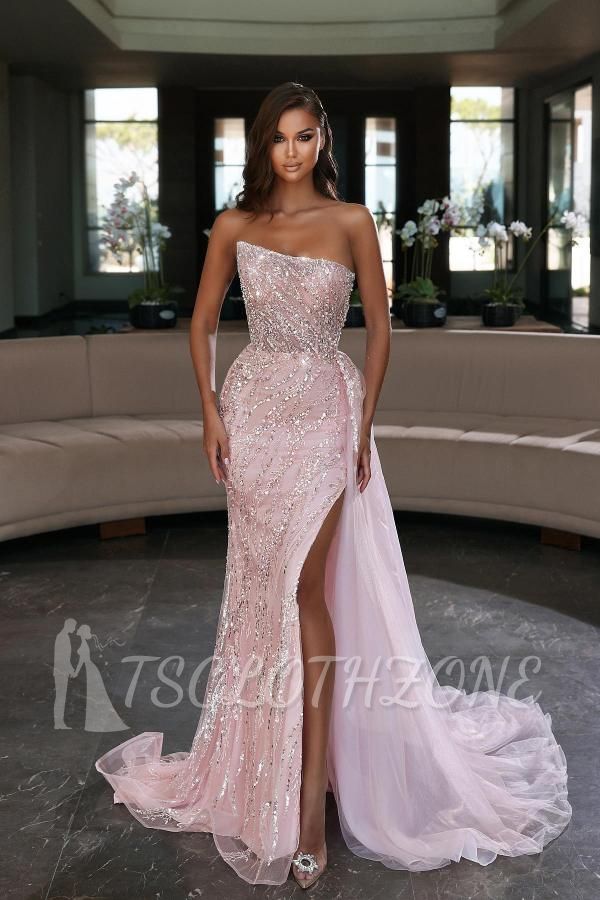 Pink Sparkly Sequins Side Slit Evening Dress Strapless Tulle Prom Gown