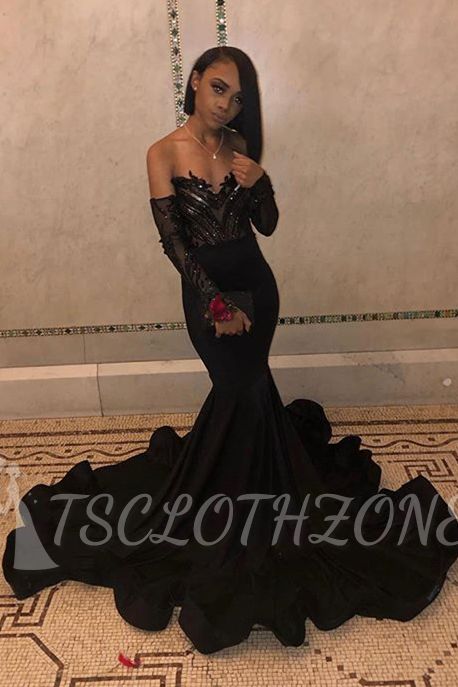 Sequins Black Prom Dresses with Sleeve Cheap | Mermaid Sheer Tulle Ruffles Formal Evening Gowns
