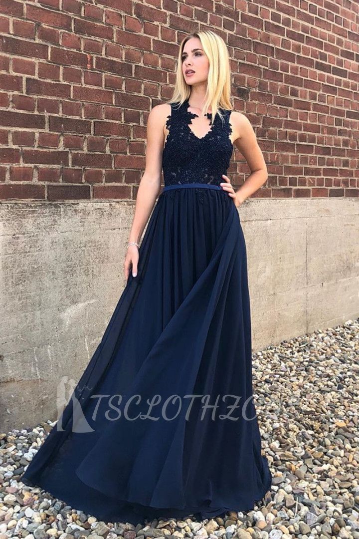 Elegant Chiffon Lace Bridesmaid Dress | Chic Sleeveless Navy Blue Wedding Party Dress