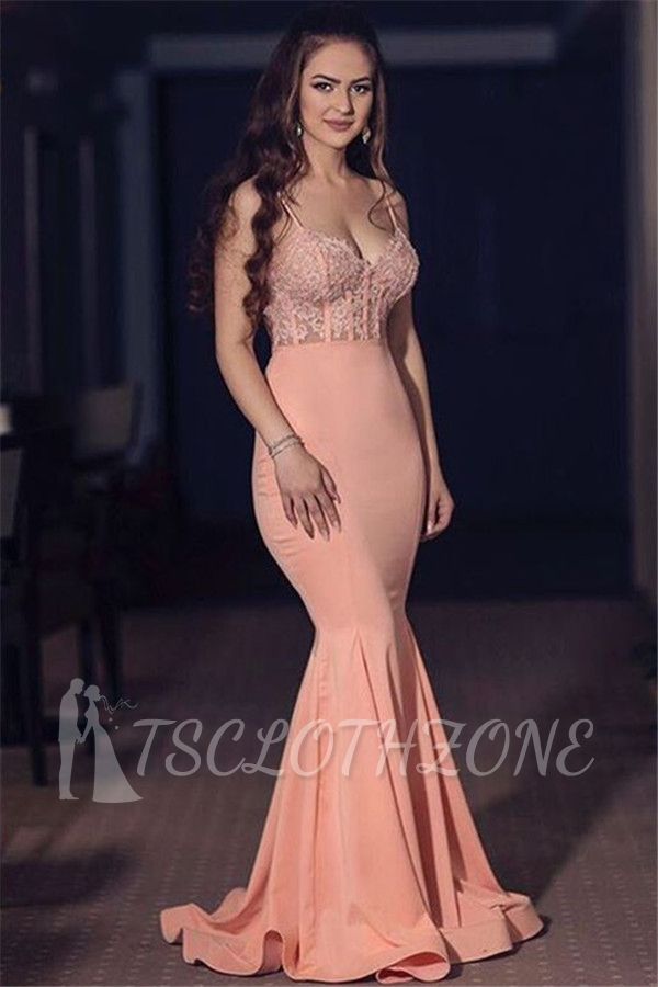 Spaghetti Straps Mermaid Pink Prom Dress   Lace Sleeveless Formal Sexy Evening Gown