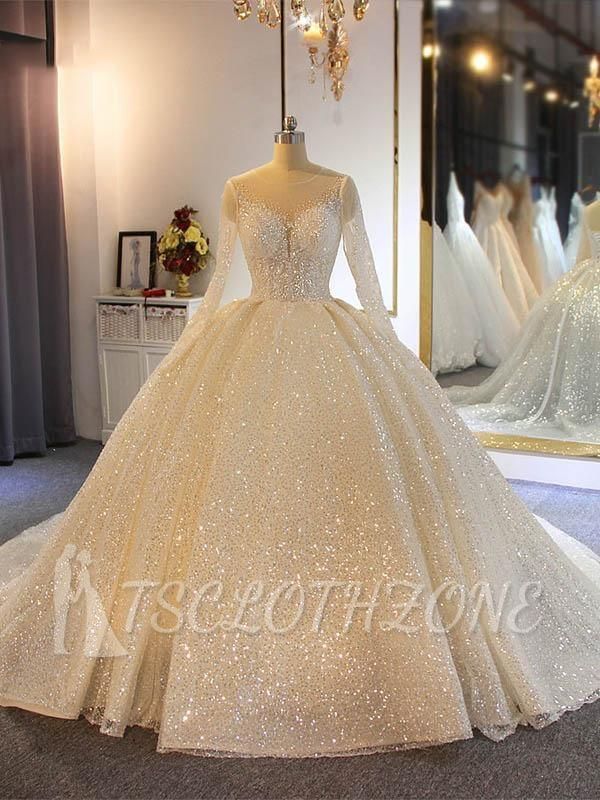 Sparkling Sequins Long Sleeve Ball Gown Wedding Dresses | Luxury Sheer Tulle Bridal Gowns