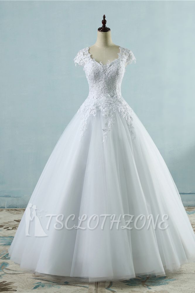TsClothzone Elegantes Tüll-Spitze-Hochzeitskleid mit V-Ausschnitt und kurzen Ärmeln, Brautkleider in Weiß Online