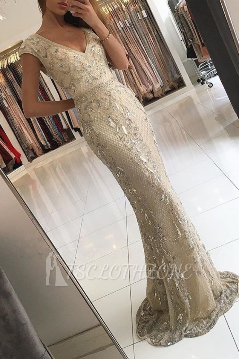 Elegant Champagne V-Neck Long Evening Dresses | 2022 Lace Crystal Mermaid Prom Dresses