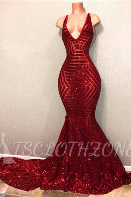 Mermaid Red Sequins Prom Dresses 2022 V-neck Sleeveless Long Train Sexy Evening Gown