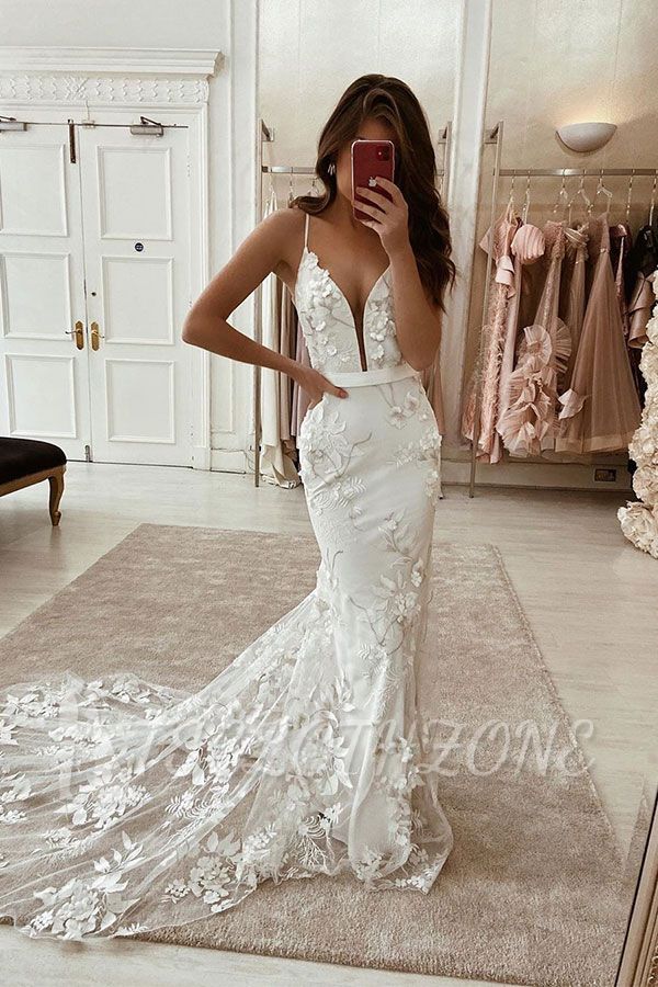 Sexy Spaghetti Strap  Flowers Lace Appliques Wedding Dresses