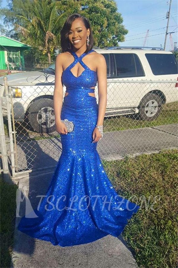 New Arrival Sequined Royal Blue Mermaid Prom Dresses Sleeveless Sexy Evening Gowns