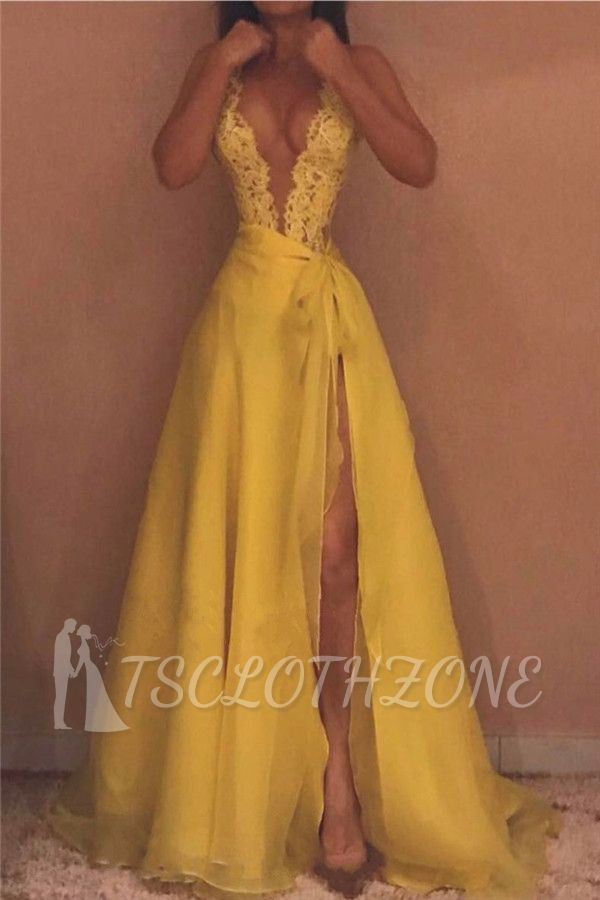 Deep V-neck Sexy Yellow Evening Dresses 2022 | Side Slit Lace Sleeveless Cheap Prom Dresses