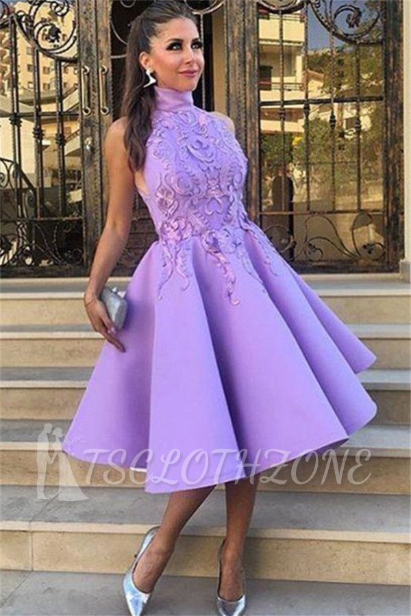 High Neck Lavender Lace Appliques Sexy Evening Gowns | Sleeveless Knee Length  Formal Evening Dresses