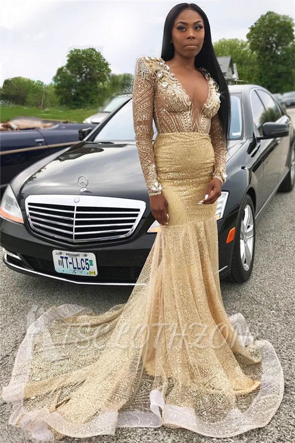 Sexy V-neck Long Sleeve Gold Prom Dresses Cheap | Beads Crystals Mermaid Long Evening Gowns