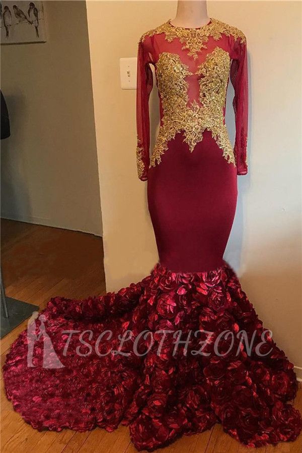 2022 Gold Lace Appliques Floral Prom Dress 2022 | Long Sleeve Mermaid Burgundy Graduation Dress Cheap