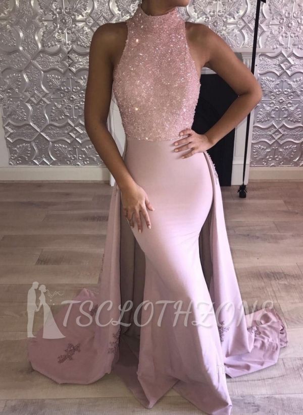 Glittering High Neck Pink Mermaid Prom Dresses with Overskirt