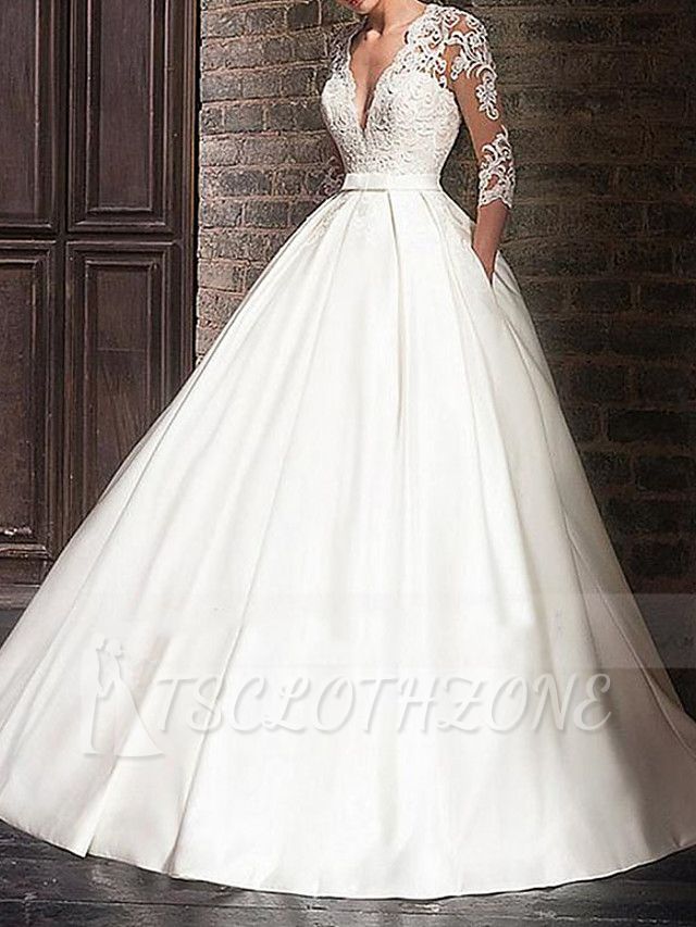 A-Line Wedding Dress V-neck Floor Length Satin Half Sleeve Bridal Gowns Formal Plus Size