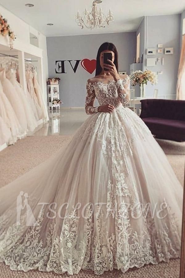Gorgeous Long Sleeves Ball Gown Floral Lace Tulle Aline Bridal Gown
