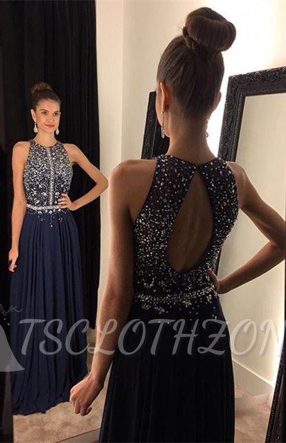 Sparkly Dark Navy Halter Crystal Prom Dress A-Line Sleeveless Beading Party Gown