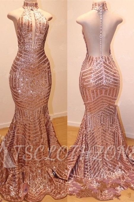 Shiny High Neck Sleeveless Sequins Mermaid Prom Dresses