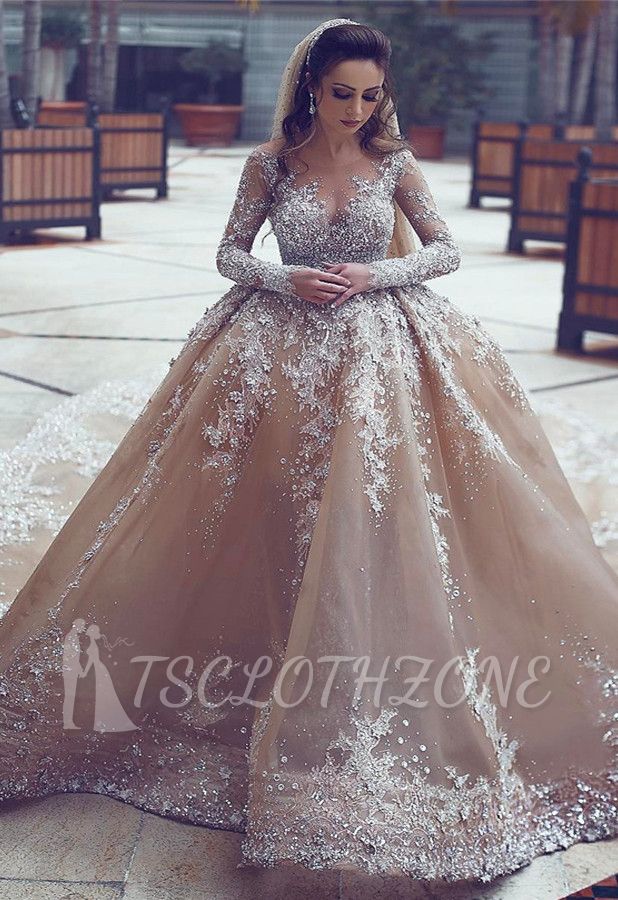 Luxurious Long-Sleeve Beadings Ball-Gown Appliques Wedding Dress