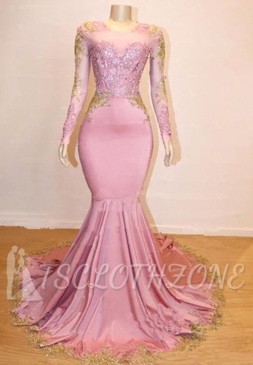 Pink Mermaid Long Sleeves Prom Dresses Cheap | 2022 Gold Appliques Evening Dresses Online