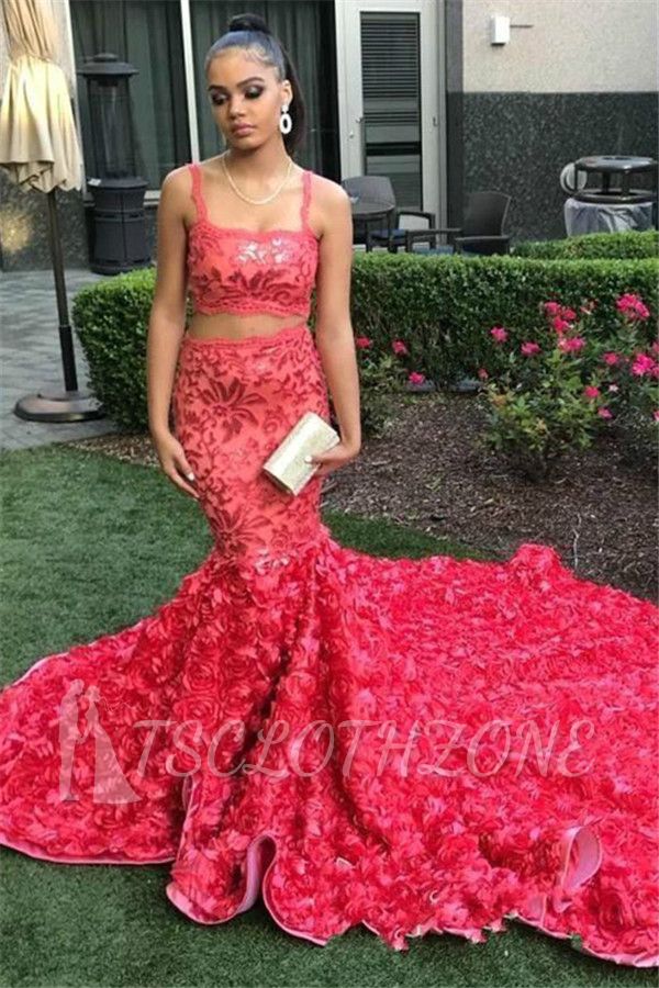 Sexy Träger zweiteilige rote Ballkleider mit Blumen | Ärmellose Junior-Abschlusskleider im Meerjungfrau-Stil mit langer Schleppe