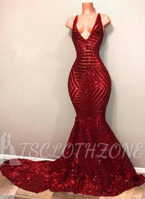 Red Sequins Shiny V-Neck Mermaid Long Prom Dresses