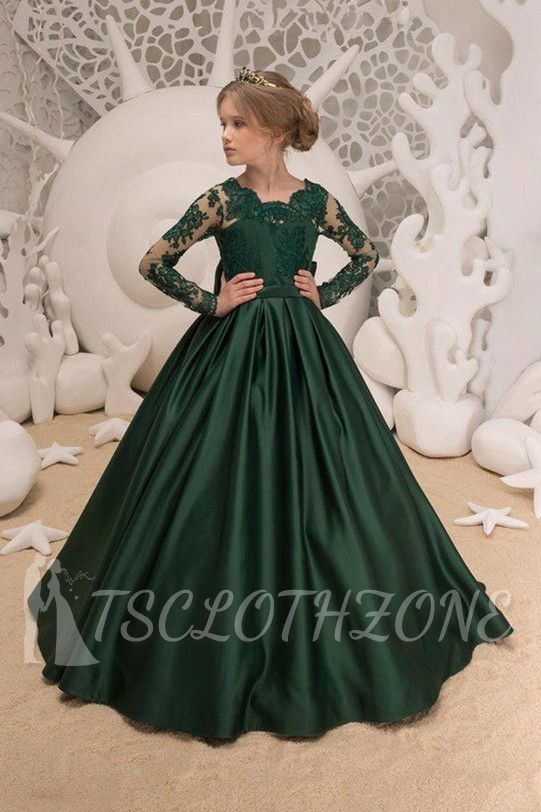 Neueste Satin dunkelgrün Juwel Spitze rückenfreie Blumenmädchenkleider mit Schleife | Langen Ärmeln bodenlangen Mädchen Partykleider