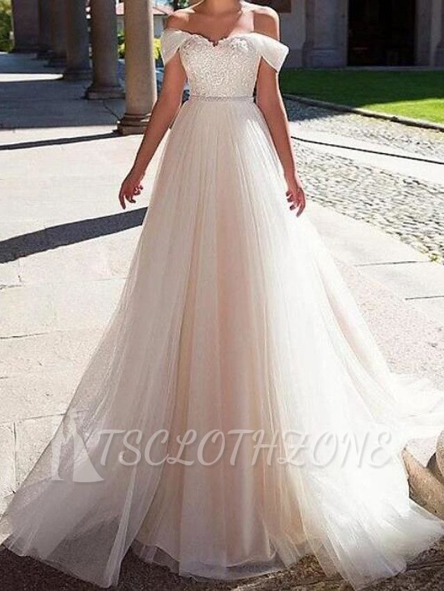 Formal A-Line Wedding Dress Off Shoulder Lace Tulle Short Sleeve Bridal Gowns with Sweep Train