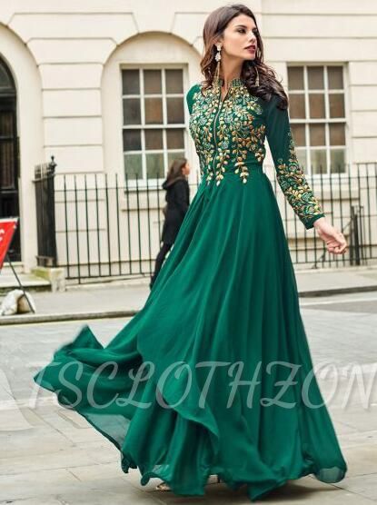 Emerald Green Sadi Arabia Long Chiffon Evening Dresses With Sleeves