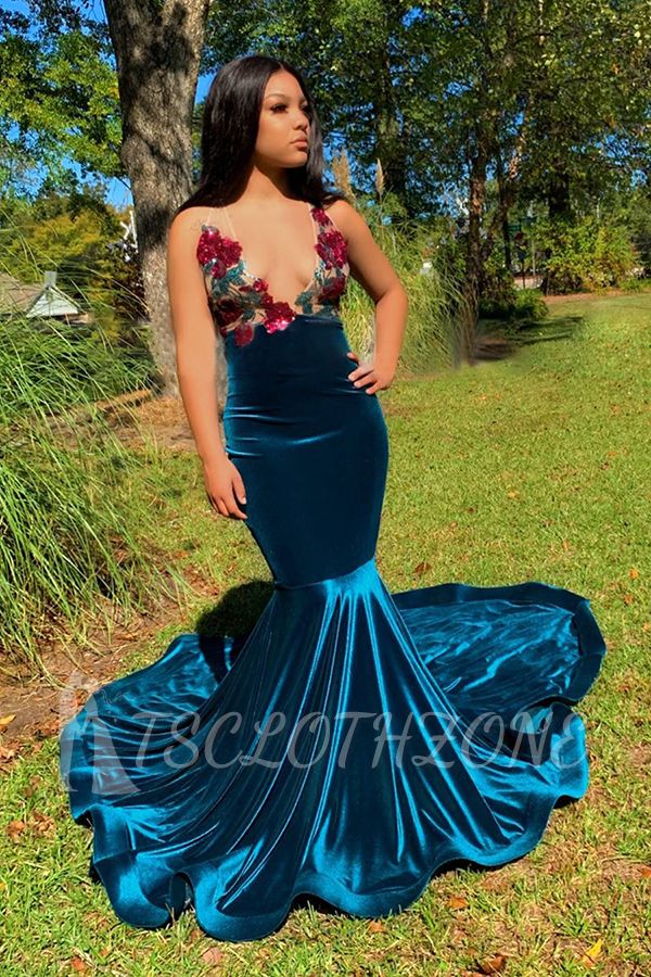 Floral Appliques Deep V-Ausschnitt Ärmellose Sweep Train Mermaid Prom Kleider